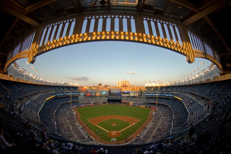 A view of Yankee Stadium in Bronx, N.Y. at sunset prior to the start of a game on Sept. 18, 2014. The Yankees hosted Airmen for the singing of the National Anthem, Color Guard presentation, and F-16C Fighting Falcon flyover in honor of the U.S. Air Force 67th birthday. (U.S. Air National Guard photo by Tech. Sgt. Matt Hecht/Released)