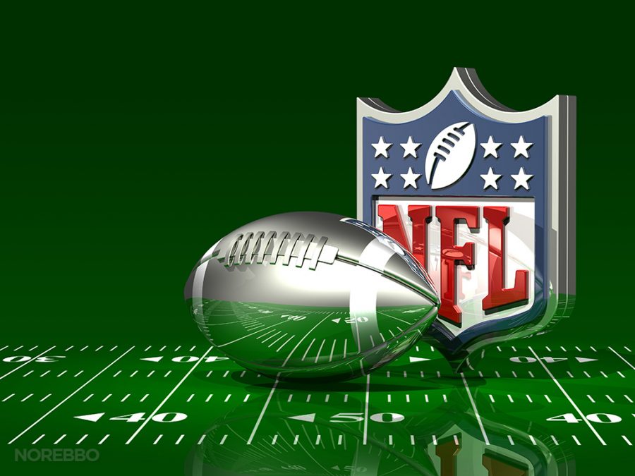 3d illustration of an NFL logo behind a transparent silver American football on top of a green football field