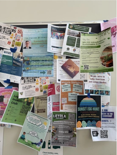 Seen above is a flyer board in the Sellinger School of Business, demonstrating the overflow of opportunities for the accounting and  finance students.